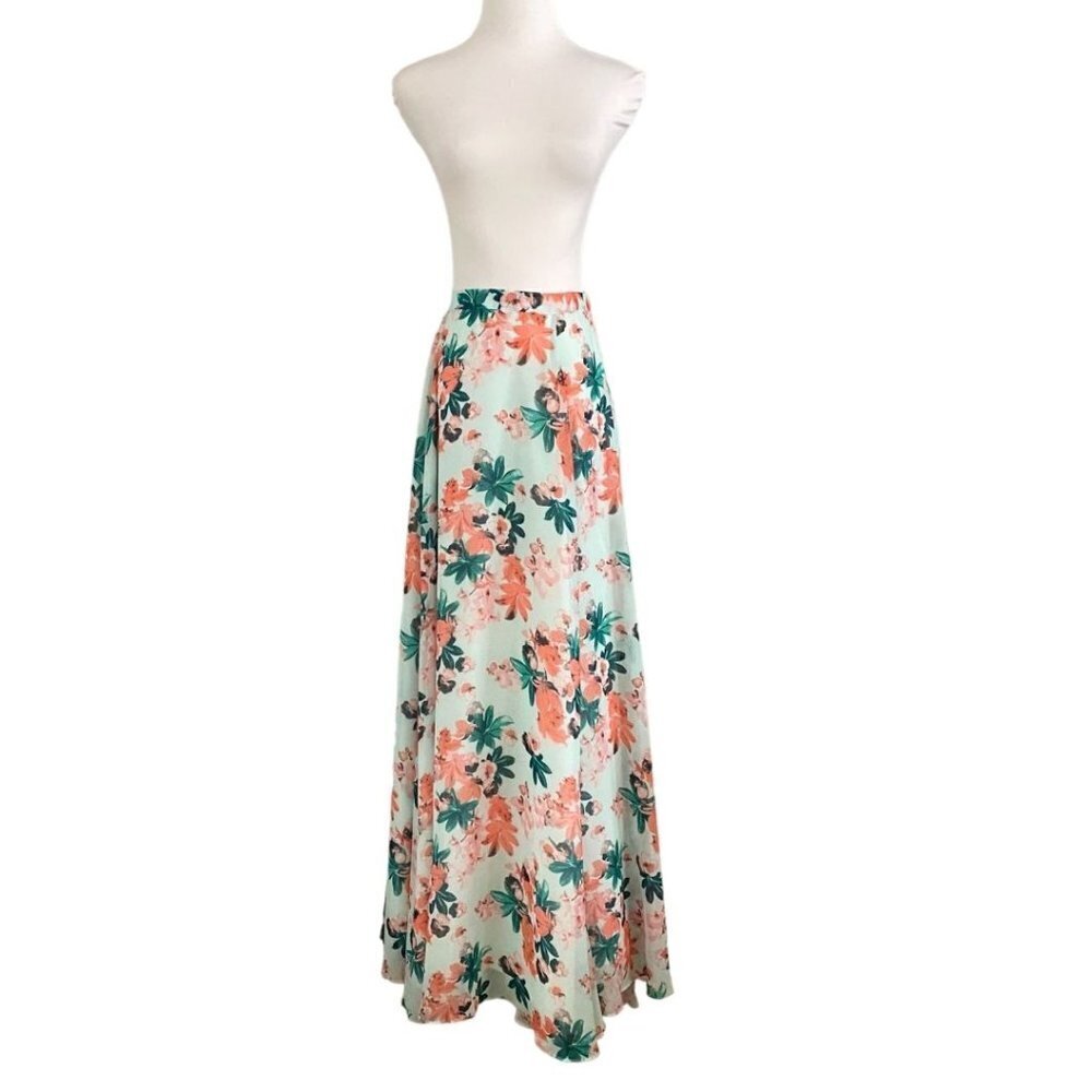 LULUS MINT CORAL FLORAL HIGH RISE MAXI CHIFFON SKIRT - XS